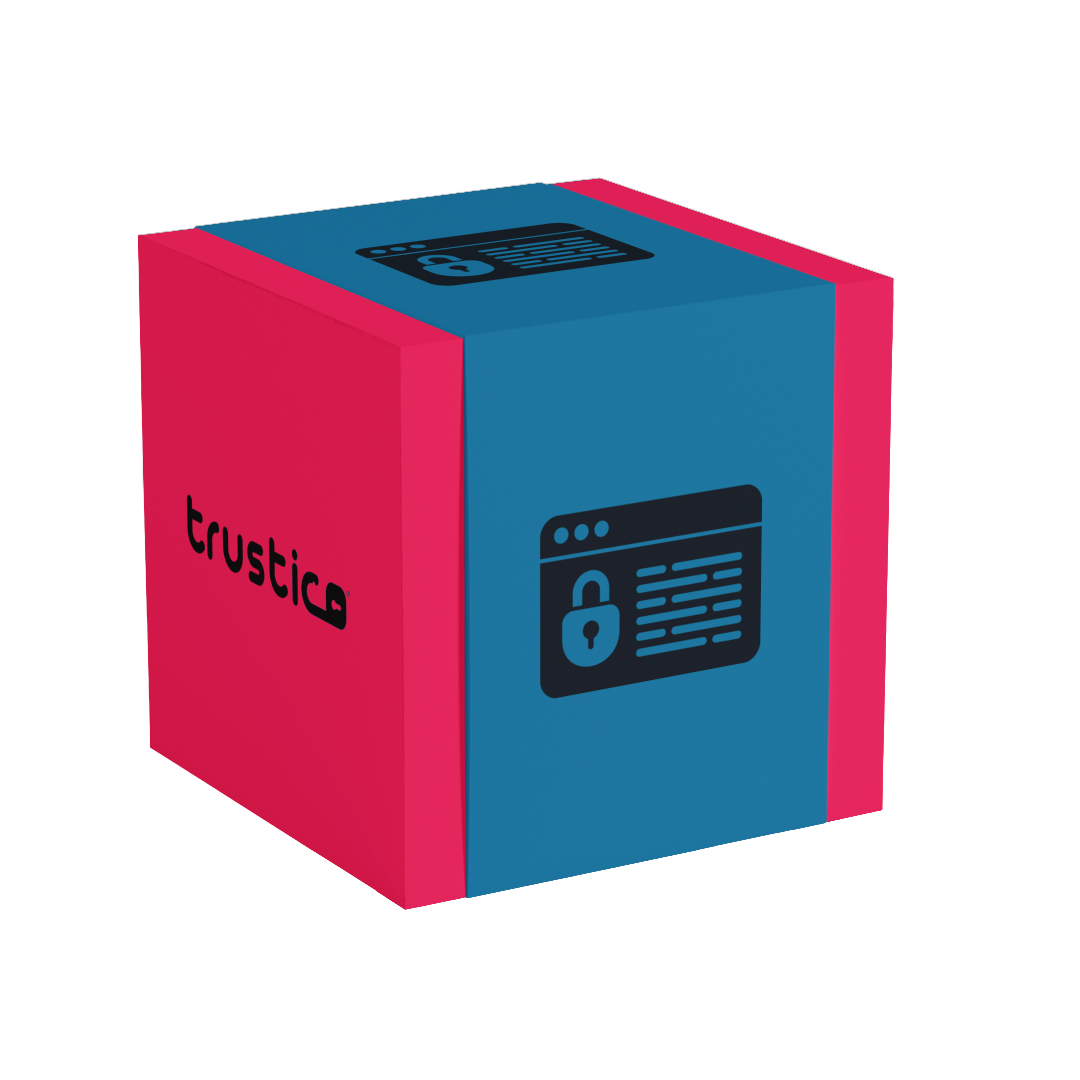 A blue and pink cube featuring a web browser icon with a padlock on one face, and the word trustico in lowercase black letters on another face, symbolizing online security.