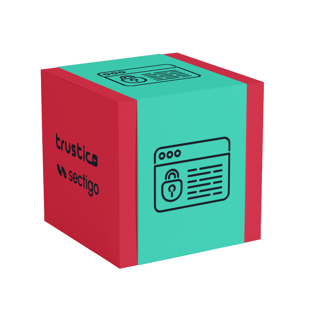 A cube with teal and red sides, featuring a web browser icon with a padlock and the logos “Sectigo® CA” and “PositiveSSL DV + Wildcard” on its sides, representing online security or SSL certification.