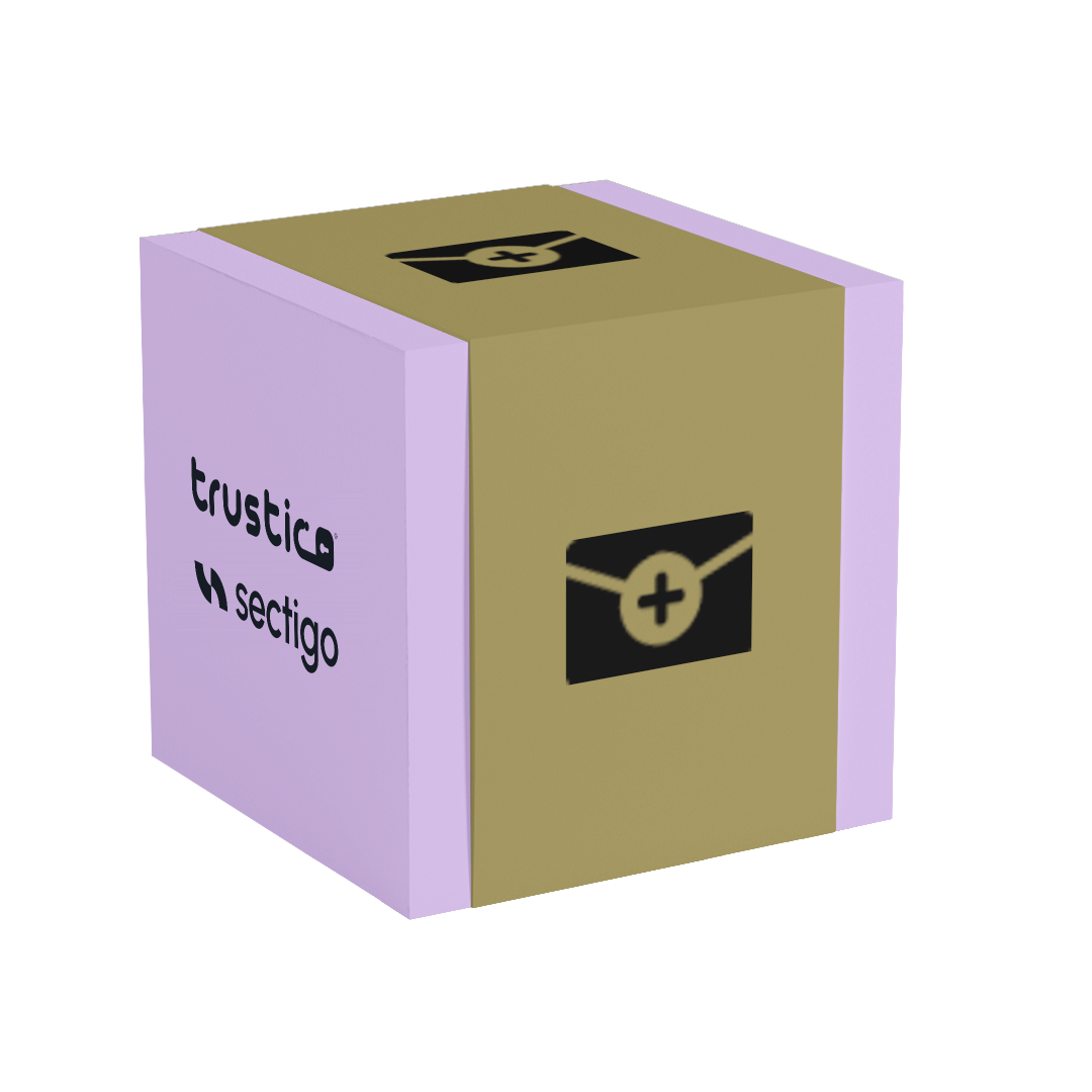 A lavender and gold cube features a black envelope icon with a plus sign - representing email encryption - alongside the words Trustico® and Sectigo® CA. This design references the protection provided by the Sectigo® S/MIME Mailbox Validated (MP) certificate for secure digital signatures.